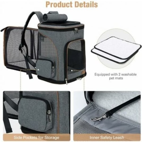 Cat Dog Backpack, Expandable Foldable Cat Dog Carrier Bag for Small Dogs with Inner Safety Leash and 2 Pet Mats, Gray