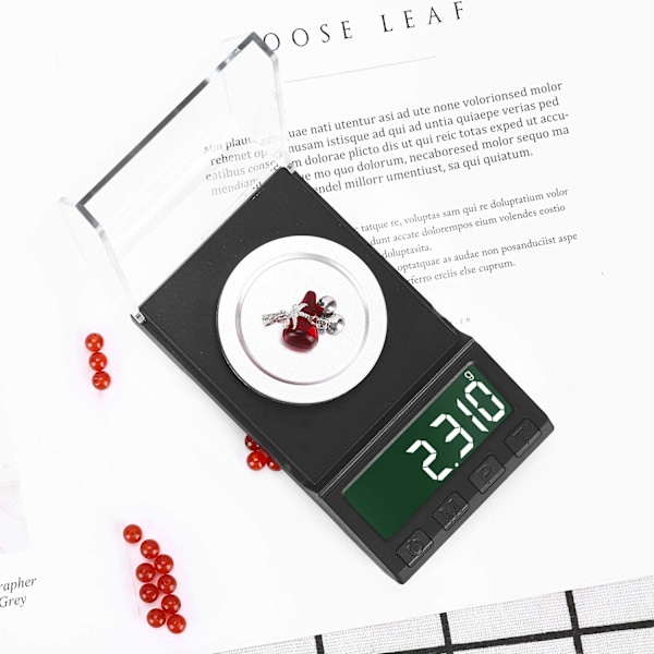 Tarkkuustaskuvaaka, 50g/0,001g Precision Scale -koruvaa'at, kannettava digitaalinen vaaka LCD-näytöllä, kalibrointipainolla, pinsetit,