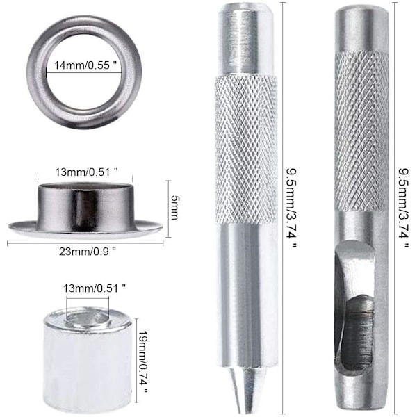100 kpl silmäreikäsettiä 14 mm:n läpimitalla, metalliset silmäreikätyökalut, sopii kankaiden, pressujen, telttojen korjaamiseen, hopeanvärinen