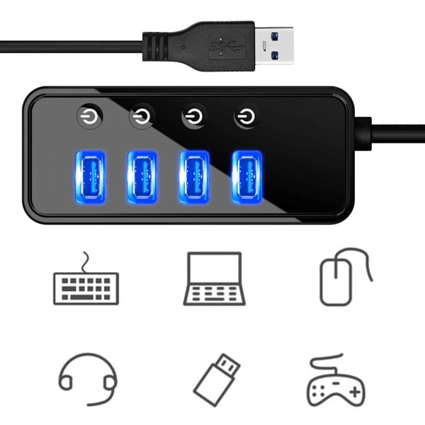 4-porttinen USB 3.0 -keskitin, jossa on 4 USB 3.0 -dataporttia ja 1 USB Smart Charging -latausportti, USB jakaja erillisillä on/off-kytkimillä ja 5V/3A- power