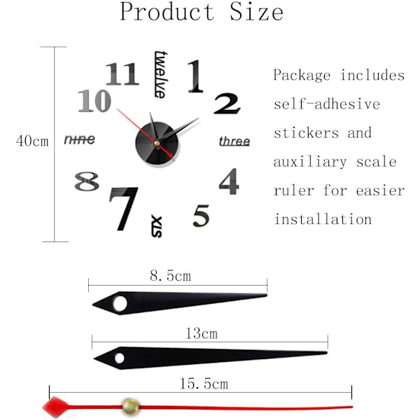 3D DIY vægur, 2 stk. store DIY vægure, lydløse