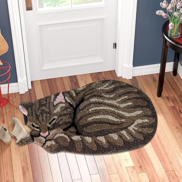 Kattematte, dørmatte med sovende tabbykattdesign brun [TT] brown 84*45CM