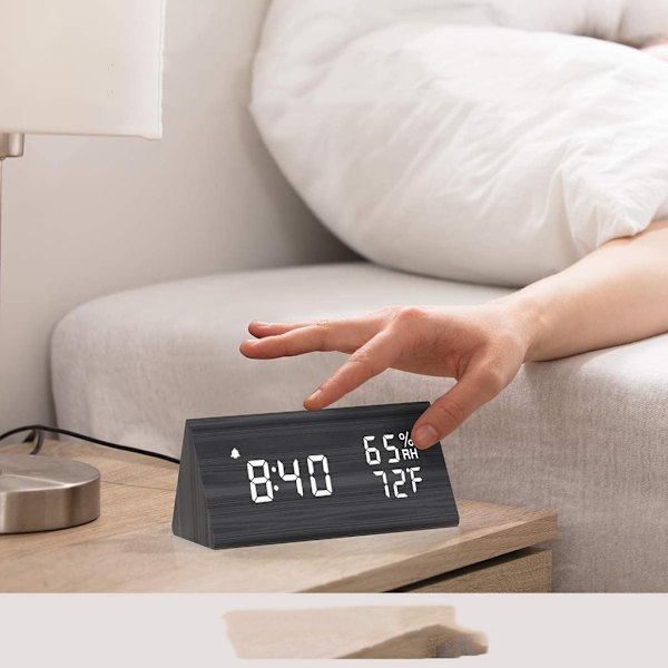 Digital väckarklocka med träelektronisk LED-tidsvisning,