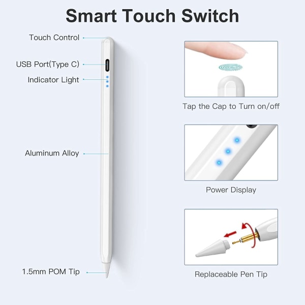 Stylus Pen yhteensopiva Apple iPadin (2018-2022), kämmenen hylkäämisen ja kallistuksen havaitsemisen kanssa, aktiivinen kynä iPad Air 5/4/3 Gen, iPad 9/8/7/6 Gen, iPad kanssa