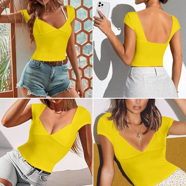 Kortärmad Djup V-ringad Topp Dam Casual Elegant Enfärgad Slim Fit Skjorta för Kontorsarbete Dejting Fluorescerande Gul M