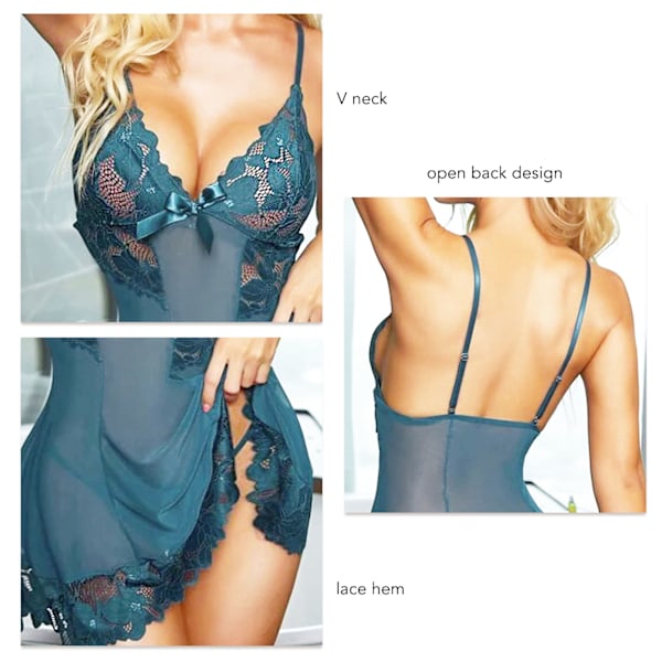 Spetsbody Slim Fit V-ringad Rygglös Perspektiv Underklädesset Sommar Nattkläder för Kvinnor Grön XXL
