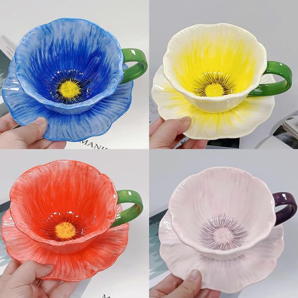 Keramisk kopp blomrestaurang kaffe keramisk kopp, söt blomformad te latte kaffekopp blue
