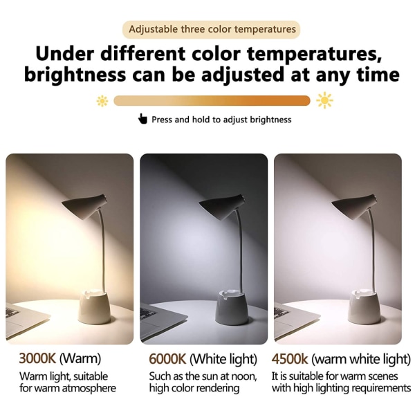 Skrivebordslampe LED, skrivebordslamper med 3 lysmoduser og trinnløs dimming