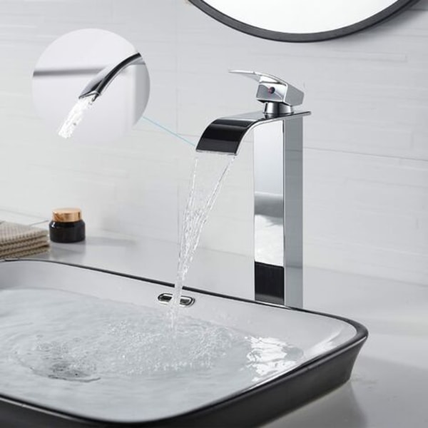 Modern hög kaskad kran för handfat, elegant design badrumskran, hög mässing handfatsblandare med enkel spak, vatten