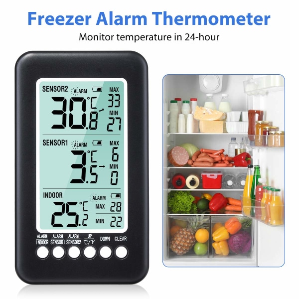 Utendørs og innendørs termometer - Høypresisjon digitalt trådløst hjemmetermometer - Romtemperaturalarmfunksjon - med 2 ekstra sensorer