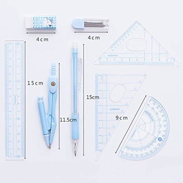 8-osainen harppisarja, jossa kulmaviivain, viivottimet ja kynä matematiikkaan