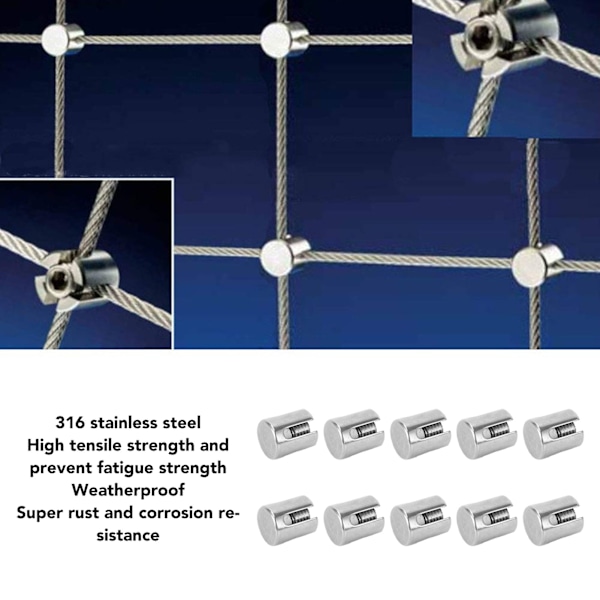 10 stk Krysskabelklemmer 316 Rustfritt Stål Rekkverk Wire Tau Klips Veggsystem Tilbehør 5mm