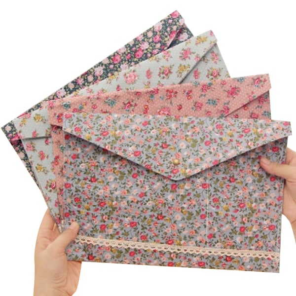 4 Pcs / 1 Set Portable Floral A4 File Envelope Fabric Document Bag Paper Pockets Letter Folder with Snap Button Closure