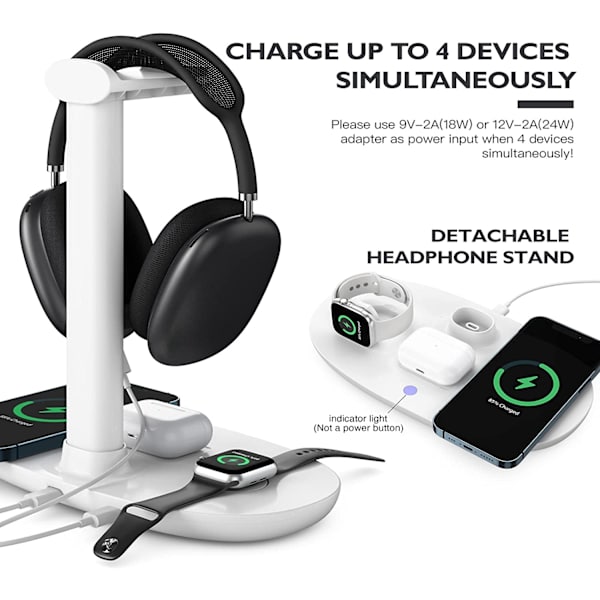 Hovedtelefonstativ med trådløs oplader, 4 i 1 opladningsstation