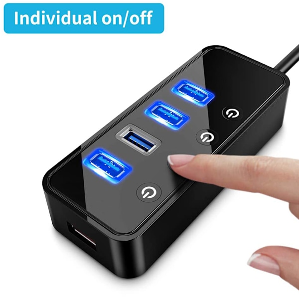 4-Port USB 3.0 Hub med 4 USB 3.0 Data Porte og 1 USB Smart Opladningsport, USB Splitter med Individuelle Tænd/Sluk Knapper og 5V/3A Strømadapter