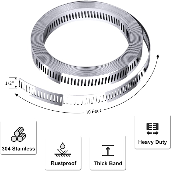 304 rostfritt stål slangklämma sortiment kit, 3M anpassad klipp metallband + 8 starkare fästelement, stort justerbart snäckväxelband, skruvslangklämmor,