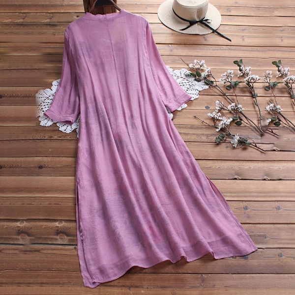 Qertyioot Boho Vintage O-hals Blommig Spets Tvådelad 3/4 Ärm KlänningL