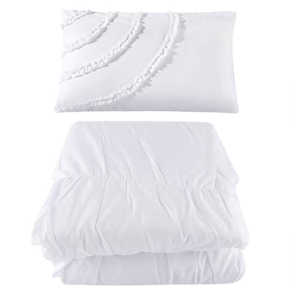 3-delat Modern Ruffle Sängklädesset i Polyester - Kuddfodral & Täcke (Vit King)