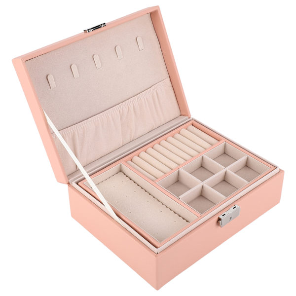 Smykkeæske Organizer 2 Lag Smykkeopbevaringsboks PU Læder Bærbar Ringe Øreringe Smykke Display Holder Pink