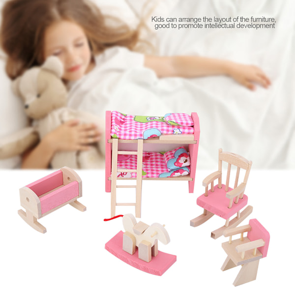Miniatyr Livsliknande Simulerings Trä Möbler Set för 1:12 Dockhus Tillbehör (Barn Sovrum)