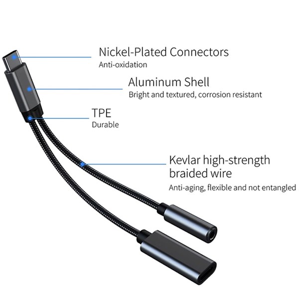 USB-C-3,5 mm:n kuulokeliitäntä- ja laturiadapteri, 2-in-1 USB