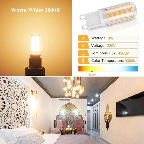 G9 LED-lampa, brandsäker keramisk bas med värmeavledningsdesign, miljövänlig 3W bländfri varmvit belysning, lägre strömförbrukning 360° belysning för