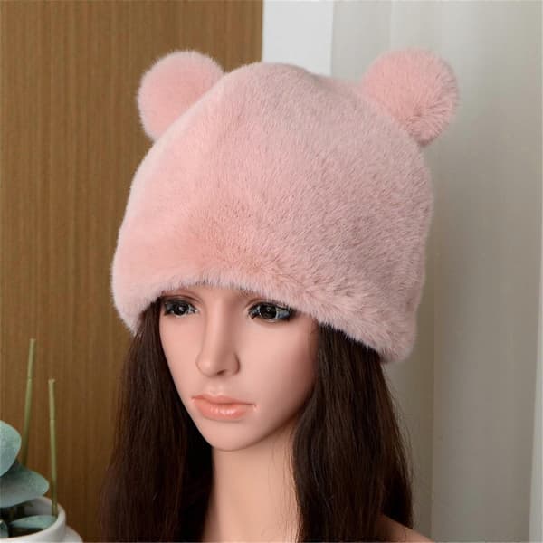 Varm pels-bøllehat blød pullover-hat bjørneøre fiskerhat til kvinder vinter efterårshat mode shopping vindtæt kasket pink Pink