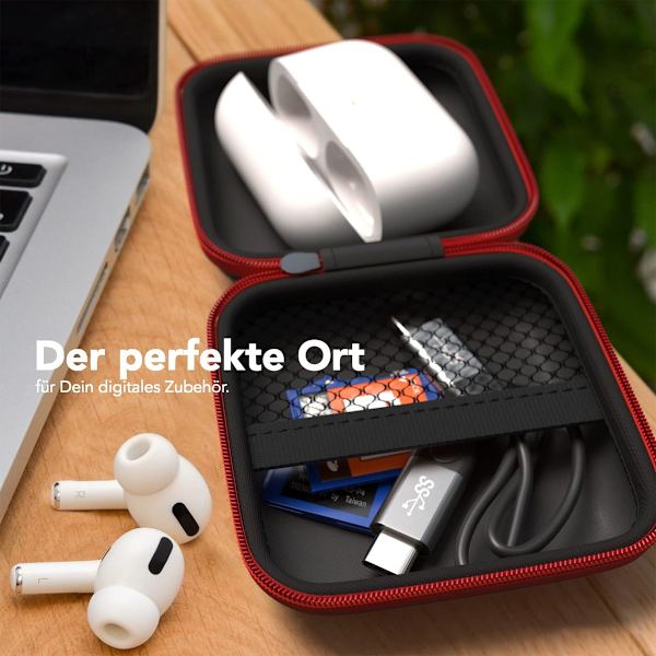 In-ear universal taske med mesh-rum med hård opbevaringsboks, beskyttelsestaske med rund lynlås, firkantet, sort og rosarød