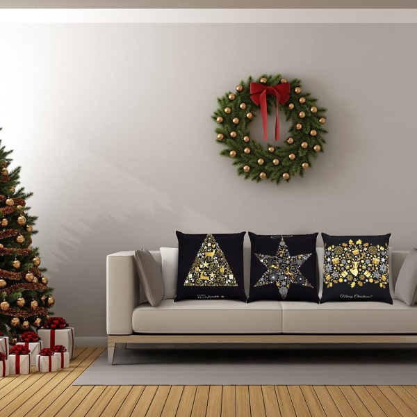 6 set joulutyynynpäällisiä 18x18, musta ja kultainen pehmo