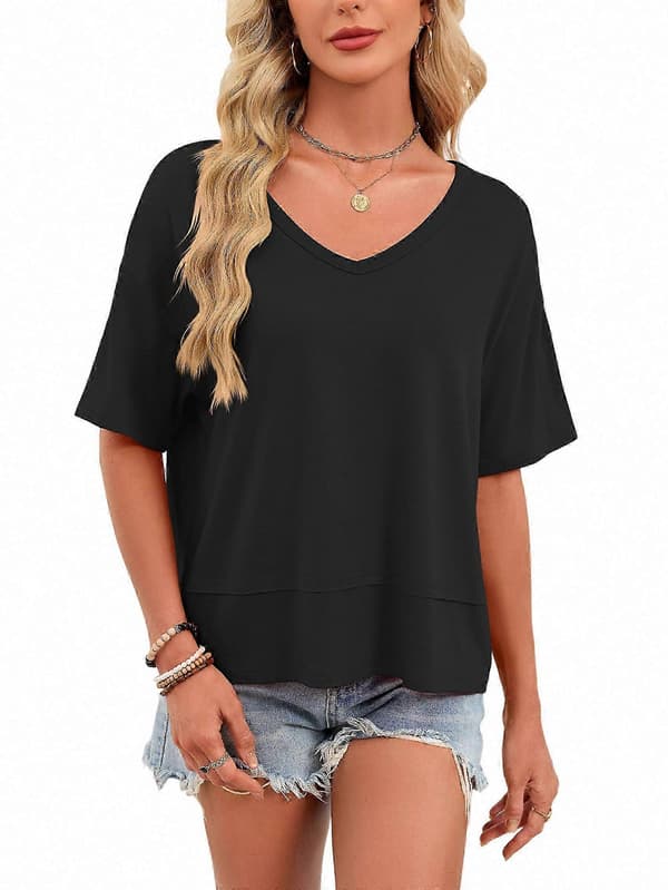 Sommer V-hals kortærmede toppe til kvinder, løse afslappede basis T-shirts i sort Black Xl