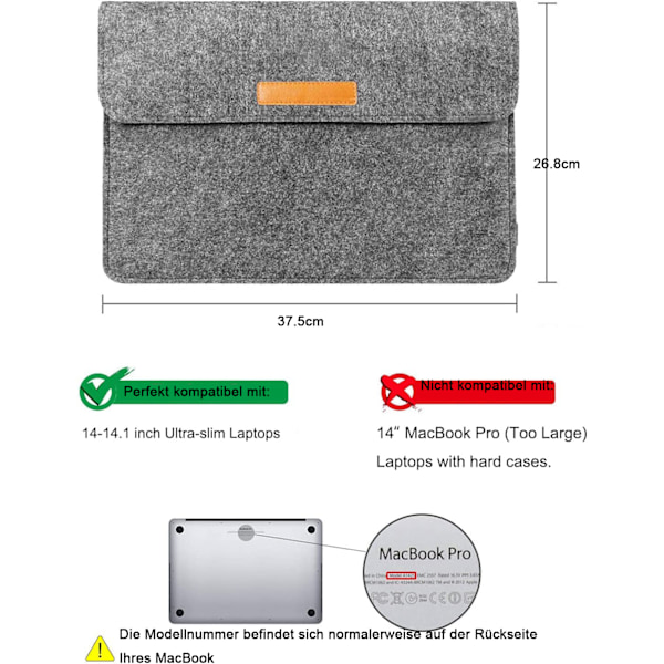 Laptop Sleeve Kompatibel med 14\" Bærbare Computere/15\" MacBook Pro 2016/2017/2018/2019 (Model A1707/A1990)