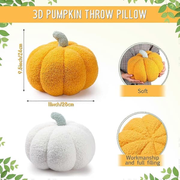2-pack pumpakuddar, höstpumpakuddar, pumpakudde, 3D pumpaformade prydnadskuddar för höst-, tacksägelse- och halloween-dekorationer Yellow and White