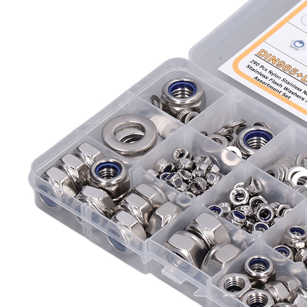 290 deler mutter- og skiveutvalg 304 rustfritt stål skiver nylon låsemuttere M4 M5 M6 M8 M10 M12