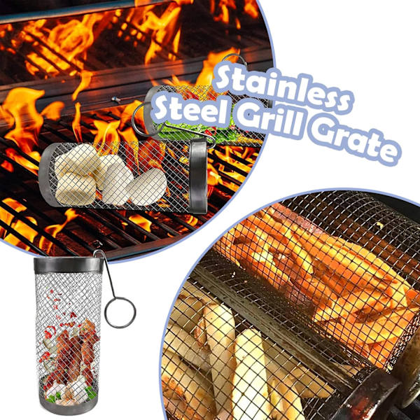 Rullende grillkurv, grillkurve i rustfrit stål, grillkurv, rullende grillkurv, cylindrisk grillkurv, med krog, til grillning