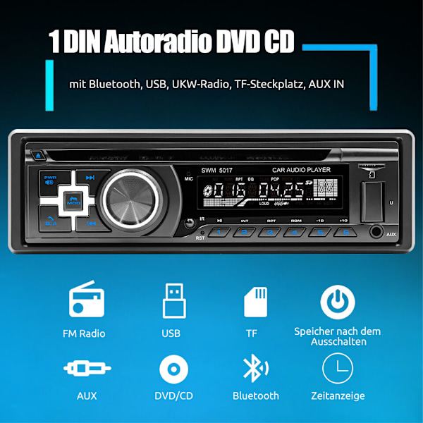 Autoradio mit CD-DVD-Player, MP3, USB, Bluetooth, FM-AUX-Eingang, Radio Single 1 DIN