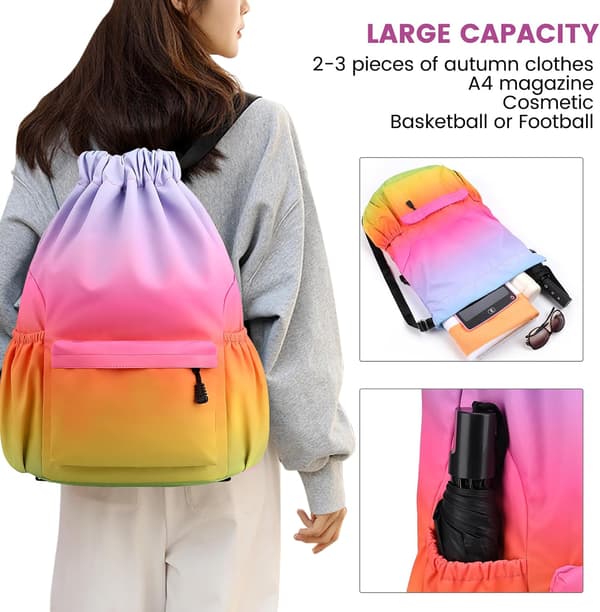 Drawstring Gym Bag, Large Drawstring Bags with Mesh Pockets, Waterproof Nylon Drawstring Bag, Drawstring Gym Bag Color