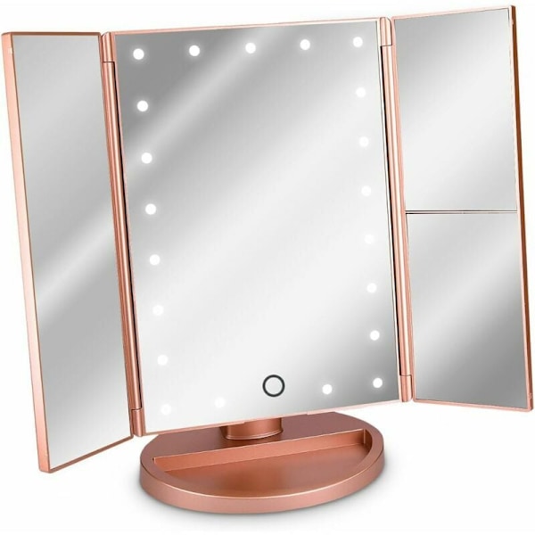 3-sidig LED-upplyst spegel att stå - Fällbar triptyk sminkningsspegel på stativ med 2x3 förstoringseffekt - Batteri eller USB - Roséguld
