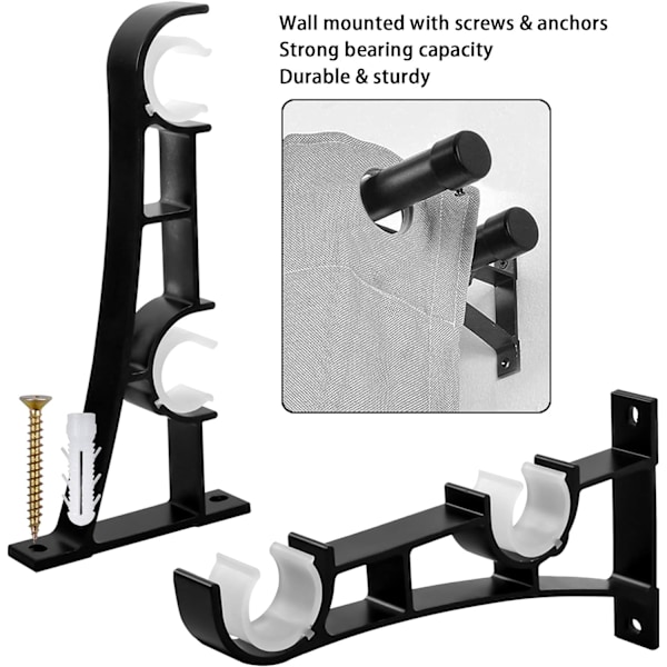 2 stk kraftige gardinstenger i metall, gardinstangbrakett, dobbel gardinstangstangsholder, gardinbrakett, aluminiums gardinstangbrakett, svart gardin