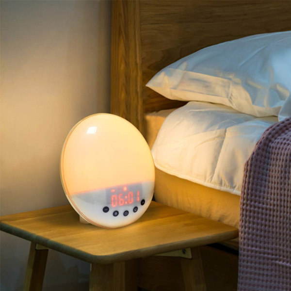 Vækkeur med solopgangslys, 7 farver natlampe til sengen