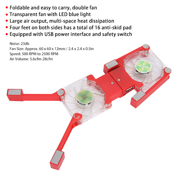 DRS03 Foldbar Laptop Kølepude Dobbelt Blå LED Lys Bærbar Computer Køler (Rød)