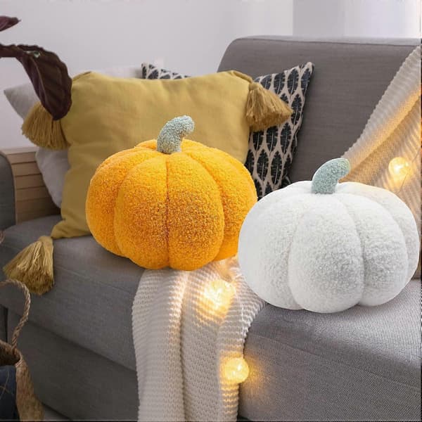 Pakke med 2 græskarpuder, efterårsgræskarpuder, græskarpude, 3D græskarformede pyntepuder til efterår, Thanksgiving, Halloween dekorationer Yellow and White