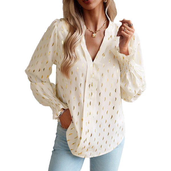 Dam Lång Puffärm Blus V-ringad Rynkad Manschett Gyllene Prickar Elegant Casual Pullover Topp Aprikos S