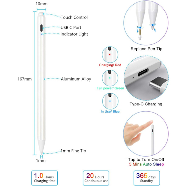 Stylus-penn for iPad-berøringsskjermer, digital blyant, kapasitiv penn 1,0 mm nib Active Stylus-penn med håndflateavvisning for 2018-2020 Apple iPad Pro/Pro