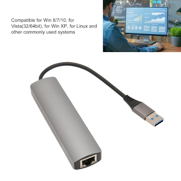 USB til RJ45 Hub 1Gbps 3 USB 3.0 Plug and Play Aluminium Alloy USB til Ethernet Adapter for Laptop Tablet Desktop