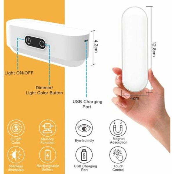 LED-berøringslys magnetisk dimming USB-oppladbar 2000mah med 5 forskjellige lamper for skap, soveromsbord, etc.