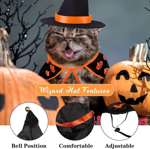 Halloween kattekapper 2 stykker kæledyrsdragter, græskarmønster kæledyrskappe troldmandshat sæt til killing kat