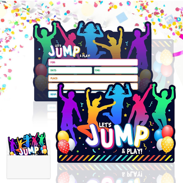 Hoppfest-invitasjonskort, 12 fargerike bursdagsinvitasjonskort for barn med 12 konvolutter Hopp Trampoline Premium Postkort for jenter gutter