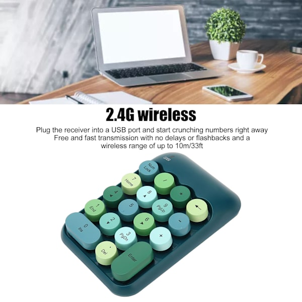 2.4 GHz:n langaton numeronäppäimistö 18 näppäintä Retroväriset pyöreät näppäinhatut Mini-numeronäppäimistö USB-vastaanottimella kannettavalle tietokoneelle Tummanvihreä väri