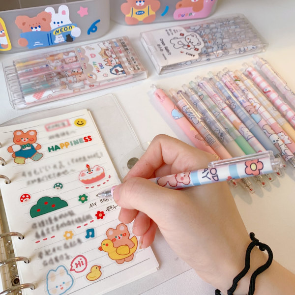 Søte penner svart blekk, 0,5 mm gelpenner fine kawaii kontor skole