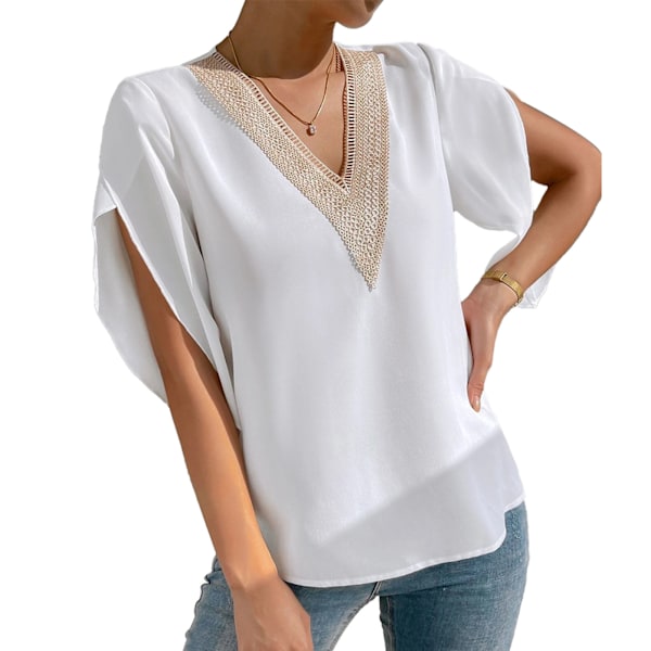 White M Petal Sleeve Blouse Top Guipure Lace V Neck Petal Short Sleeve Blouse for Summer Spring